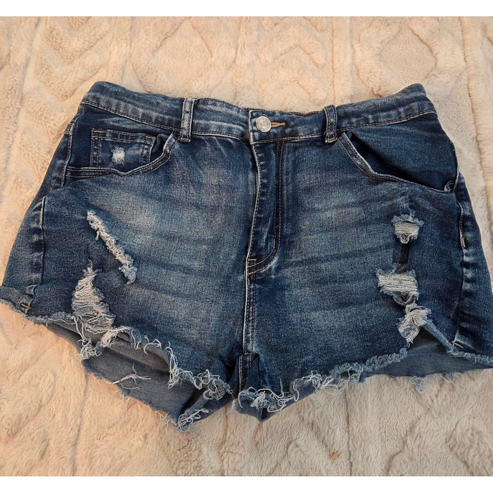 SHEIN Women Distressed Denim Shorts Dark Wash Raw Hem Ripped Cut Offs‎ L
